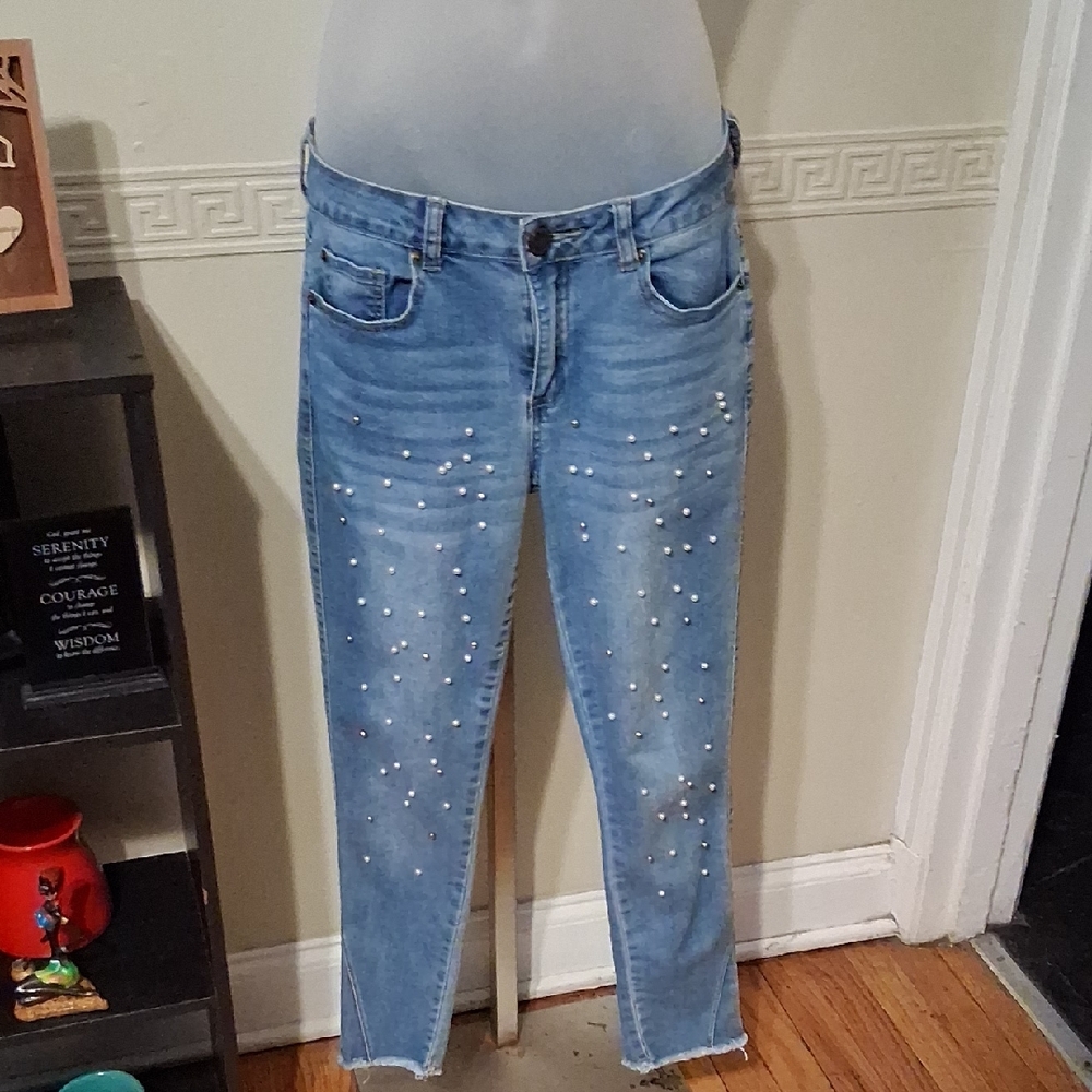 Boom Boom Jeans Light Blue Ankle Jeans with Pearl Details